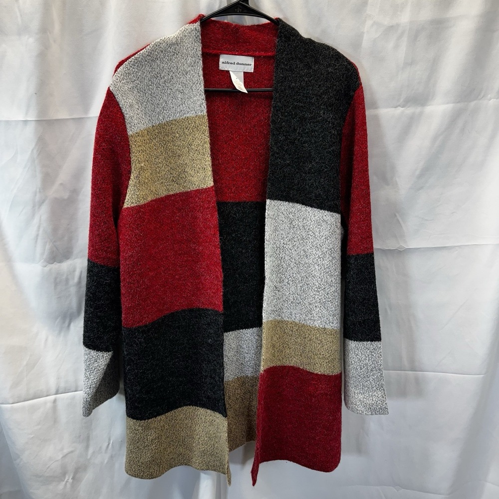 Alfred Dunner Womens Colorblock Open Front Long‎ Cardigan Sweater Pockets Size M